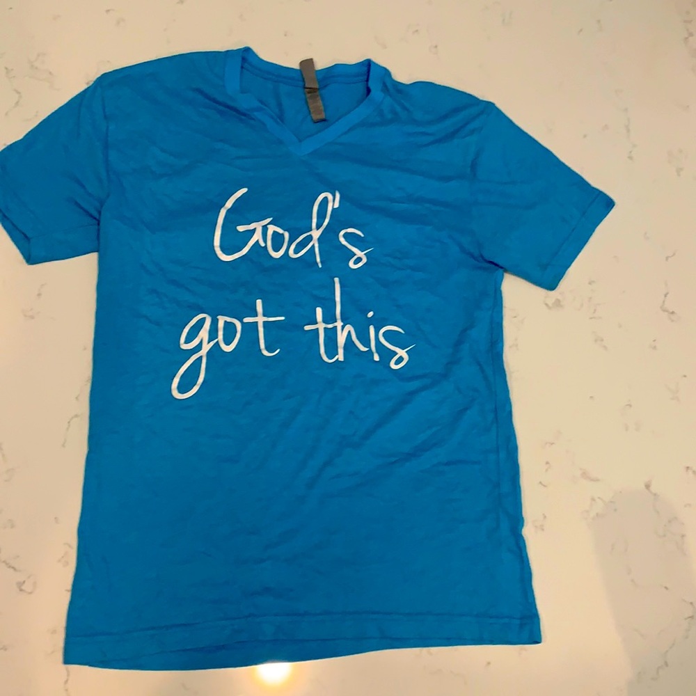 made with my heat press. size small. next level apparel blue v-neck t-shirt.